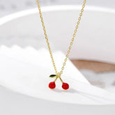 Gold-Plated Cherry Pendant Necklace for Women | Cute Red Enamel Charm Jewellery