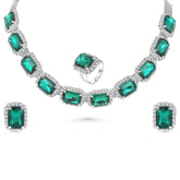 DZOIR Emerald Green Stone Necklace Set with Earrings & Ring | American Diamond Choker Jewelry Set for Women - DZOIR