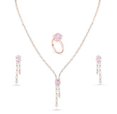 DZOIR Rhinestone Jewellery Set for Women | Necklace and Earrings with Finger Rings | Gold Plated, Rose Gold Jewellery Set | AD Necklace Set (Rose Gold) - DZOIR