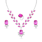 Crystal Rhinestone Necklace and Earring Set for Women | Pink AD Stone Necklace | Birthday Gift Necklace for Women | Elegant Pink Necklace and Earrings Set (PINK) - DZOIR