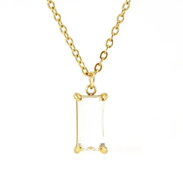 Gold Rectangle Crystal Pendant Necklace - DZOIR