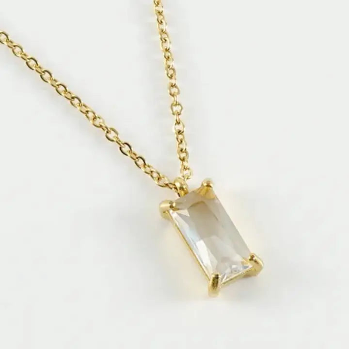 Gold Rectangle Crystal Pendant Necklace - DZOIR