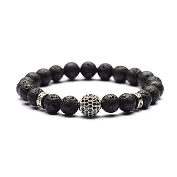 Men's Lava Stone Beaded Bracelet with Rhinestone Center - DZOIR