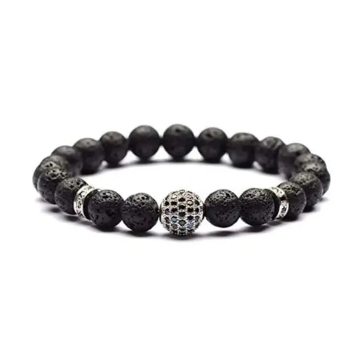 Men's Lava Stone Beaded Bracelet with Rhinestone Center - DZOIR