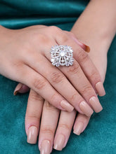 Elegant Floral Pink Stone Cocktail Ring for Women | Silver-Plated Adjustable Designer Ring - DZOIR