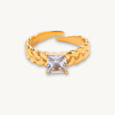 Gold-Plated Chain Link Ring Square-Cut CZ Stone – Adjustable Statement Jewelry for Women & Girls - DZOIR