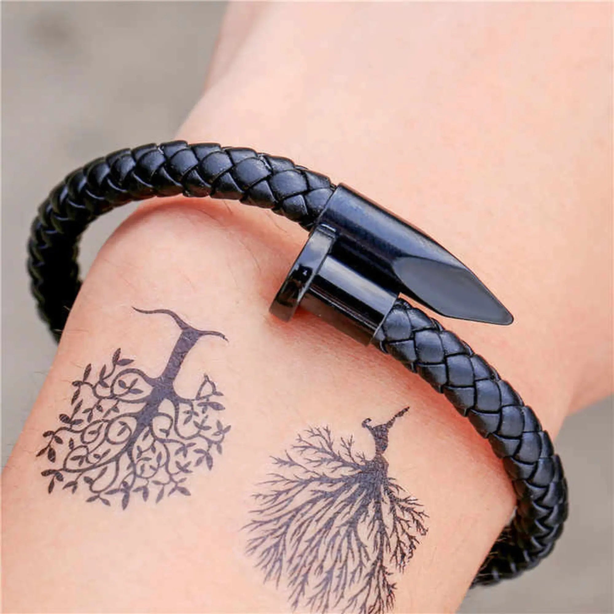 Men’s Black Leather Nail Bracelet – Bold & Stylish Bangle - DZOIR