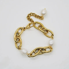 Chunky Gold Chain Bracelet with Baroque Pearl Charms - DZOIR