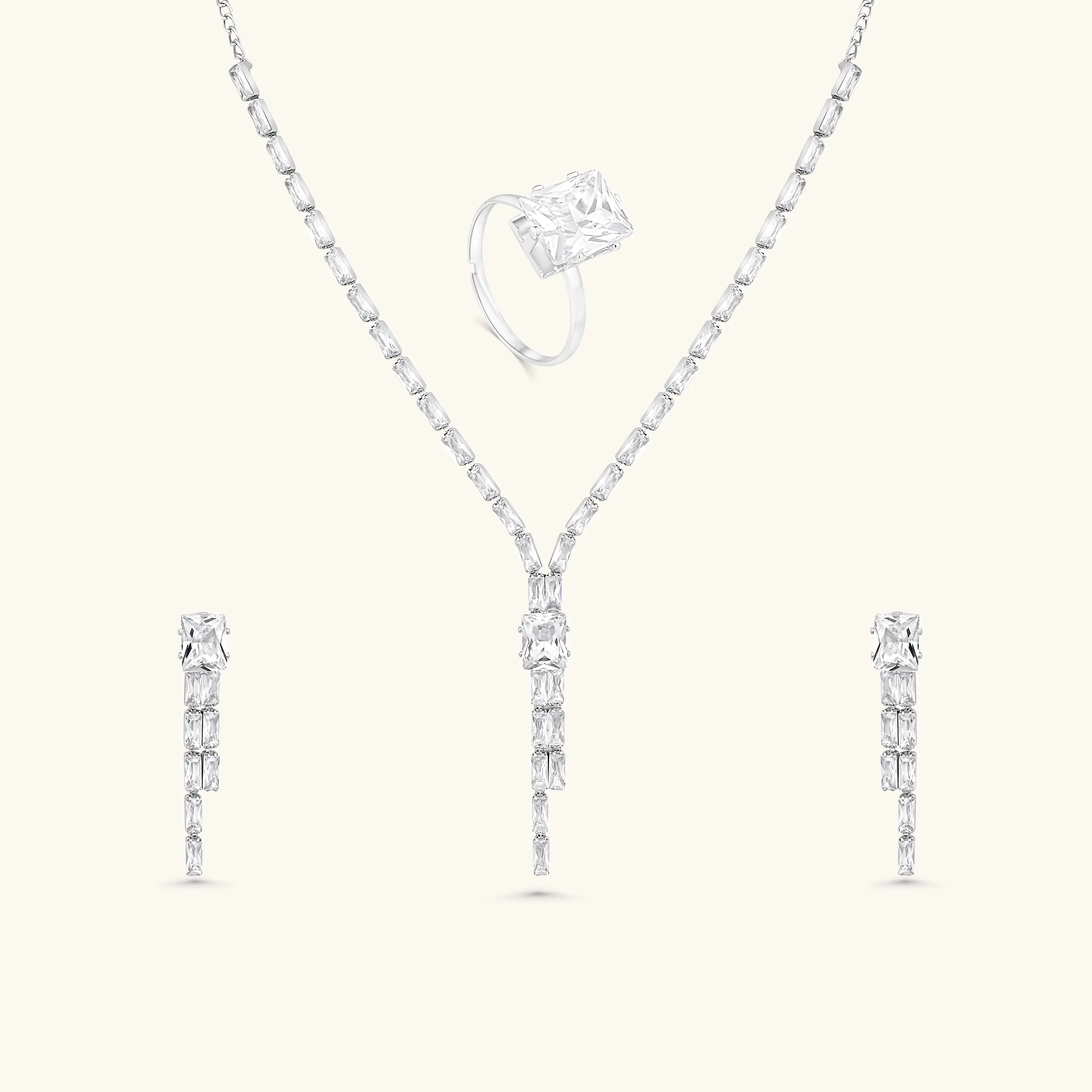 Luxury Silver-Plated CZ Necklace Set with Earrings & Ring | Elegant White Stone Jewelry for Women DZOIR