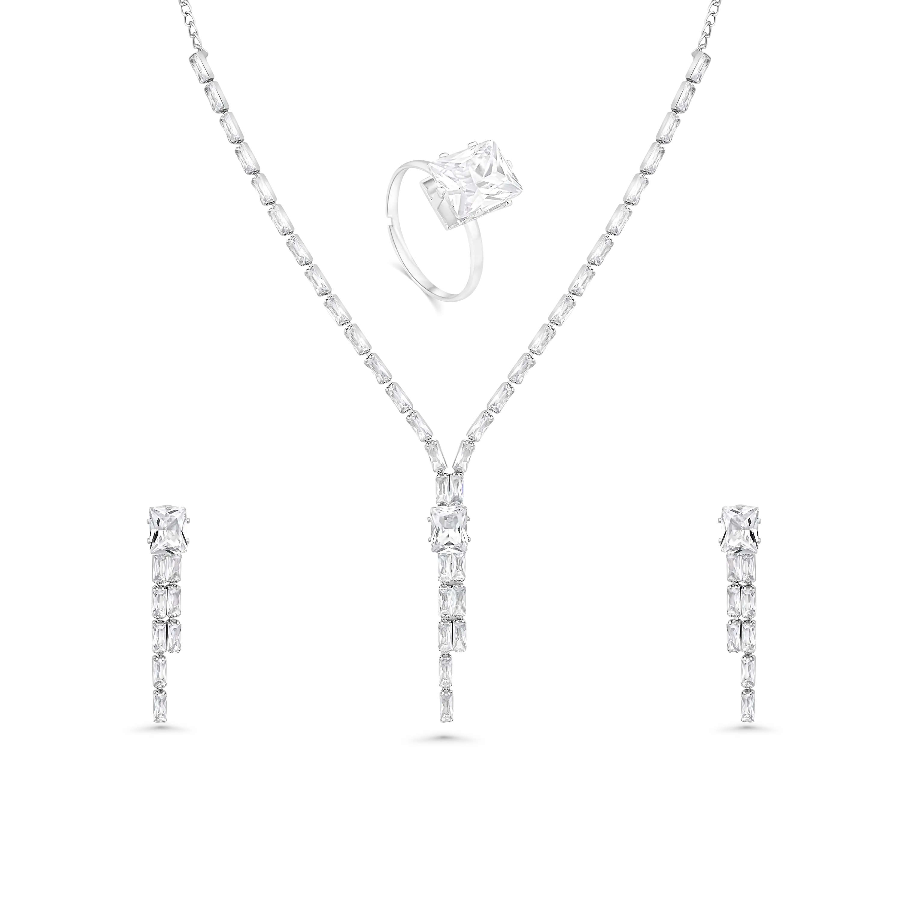 Luxury Silver-Plated CZ Necklace Set with Earrings & Ring | Elegant White Stone Jewelry for Women DZOIR