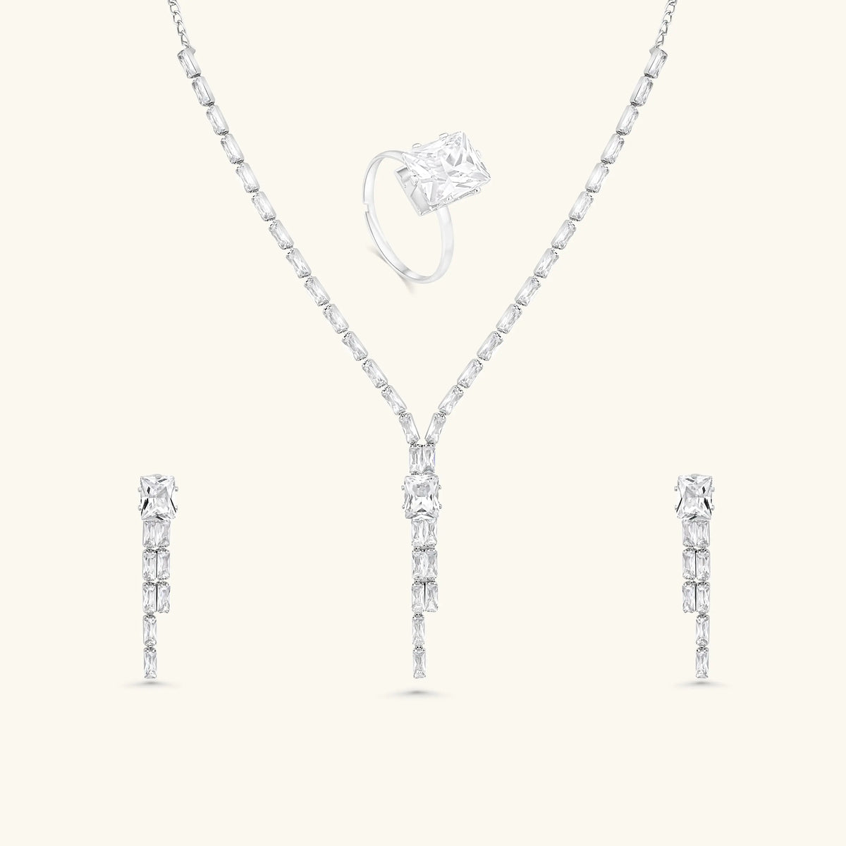 Luxury Silver-Plated CZ Necklace Set with Earrings & Ring | Elegant White Stone Jewelry for Women DZOIR