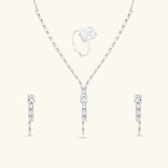 Luxury Silver-Plated CZ Necklace Set with Earrings & Ring | Elegant White Stone Jewelry for Women DZOIR
