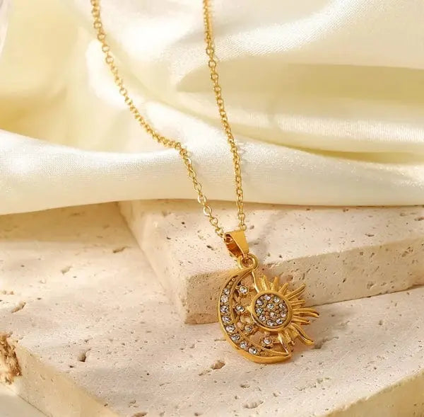 Gold-Plated Sun & Moon Pendant Necklace for Women & Girls DZOIR