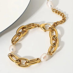 Chunky Gold Chain Bracelet with Baroque Pearl Charms DZOIR