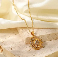 Gold-Plated Sun & Moon Pendant Necklace for Women & Girls DZOIR