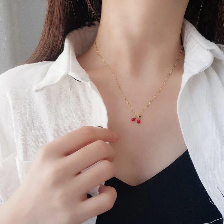 Gold-Plated Cherry Pendant Necklace for Women | Cute Red Enamel Charm Jewellery
