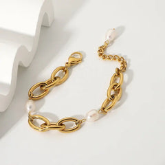 Chunky Gold Chain Bracelet with Baroque Pearl Charms DZOIR