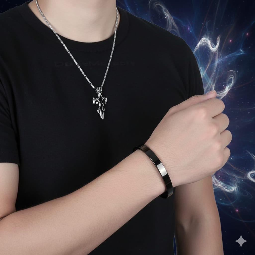Men's Silver Cross Pendant Necklace with Black Bracelet (Pack of 2)