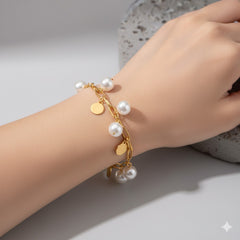 Gold Chain Bracelet with Pearls and Disc Charms – Elegant, Adjustable Jewelry