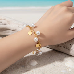 Gold Chain Bracelet with Pearls and Disc Charms – Elegant, Adjustable Jewelry