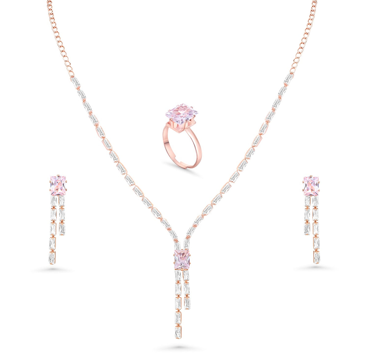 DZOIR Rhinestone Jewellery Set for Women | Necklace and Earrings with Finger Rings | Gold Plated, Rose Gold Jewellery Set | AD Necklace Set (Rose Gold)