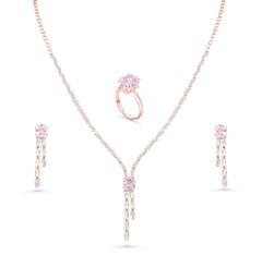 DZOIR Rhinestone Jewellery Set for Women | Necklace and Earrings with Finger Rings | Gold Plated, Rose Gold Jewellery Set | AD Necklace Set (Rose Gold)