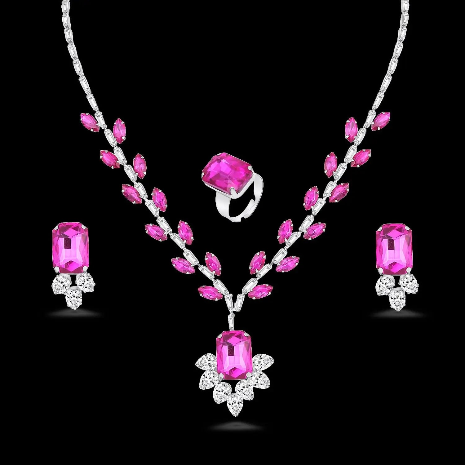 Crystal Rhinestone Necklace and Earring Set for Women | Pink AD Stone Necklace | Birthday Gift Necklace for Women | Elegant Pink Necklace and Earrings Set (PINK) - DZOIR