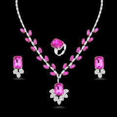 Crystal Rhinestone Necklace and Earring Set for Women | Pink AD Stone Necklace | Birthday Gift Necklace for Women | Elegant Pink Necklace and Earrings Set (PINK) - DZOIR