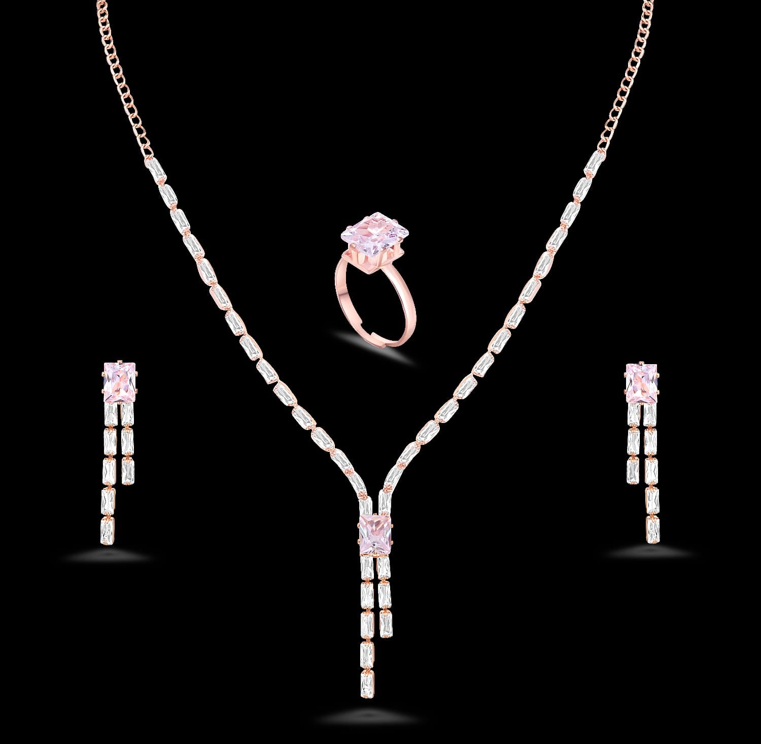 DZOIR Rhinestone Jewellery Set for Women | Necklace and Earrings with Finger Rings | Gold Plated, Rose Gold Jewellery Set | AD Necklace Set (Rose Gold)