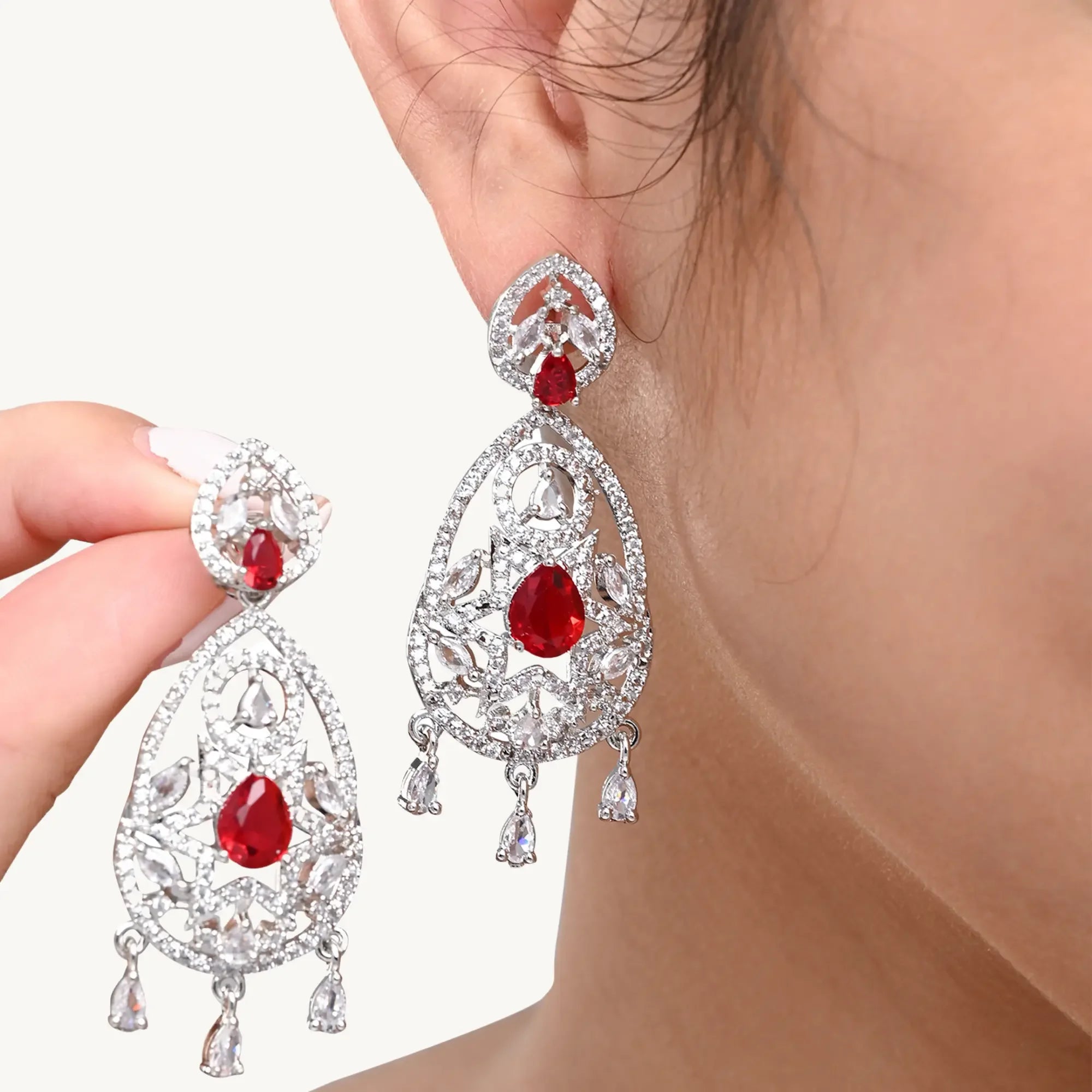 Crystal & Red CZ Drop Earrings – Designer Ethnic Jewellery for Women - DZOIR