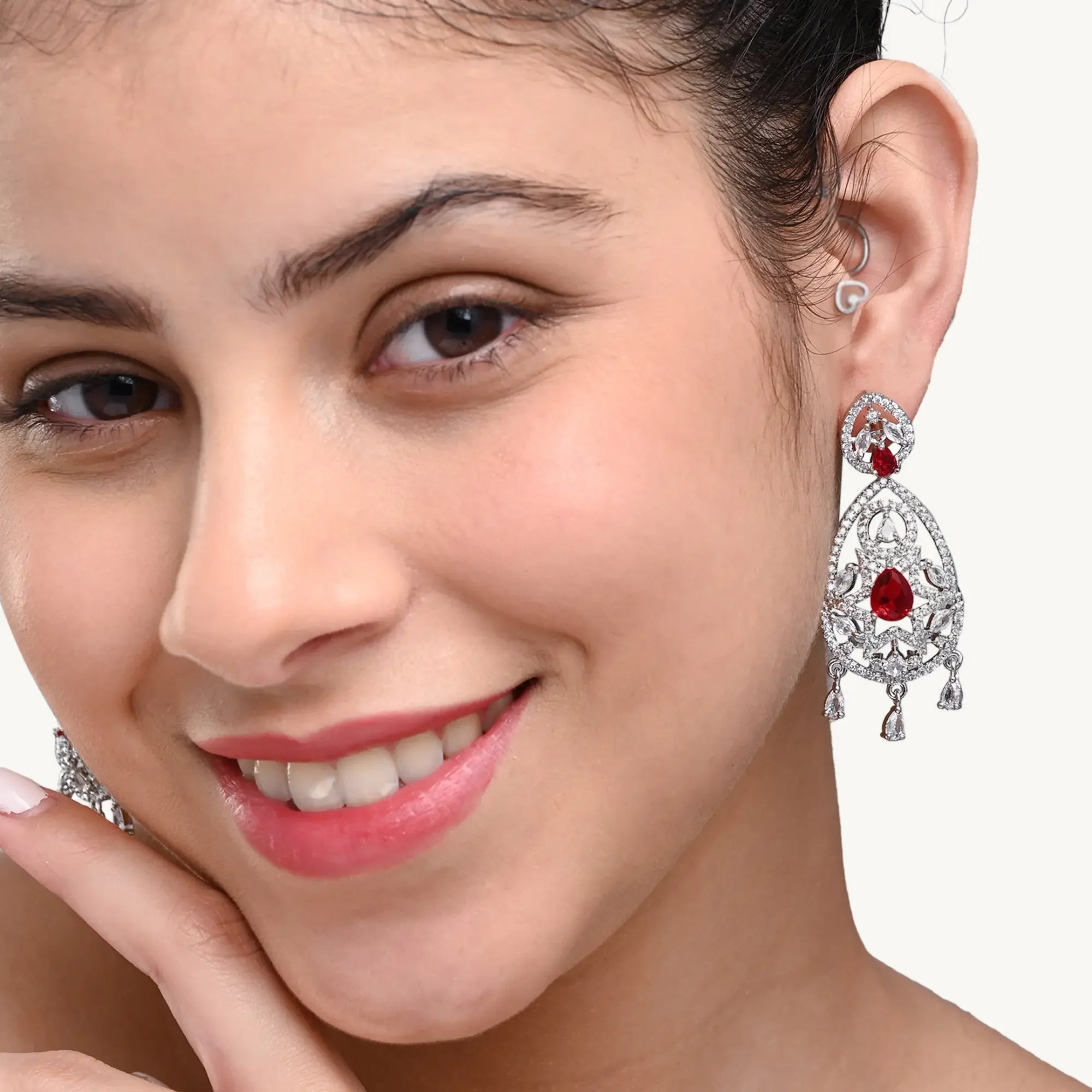 Crystal & Red CZ Drop Earrings – Designer Ethnic Jewellery for Women - DZOIR
