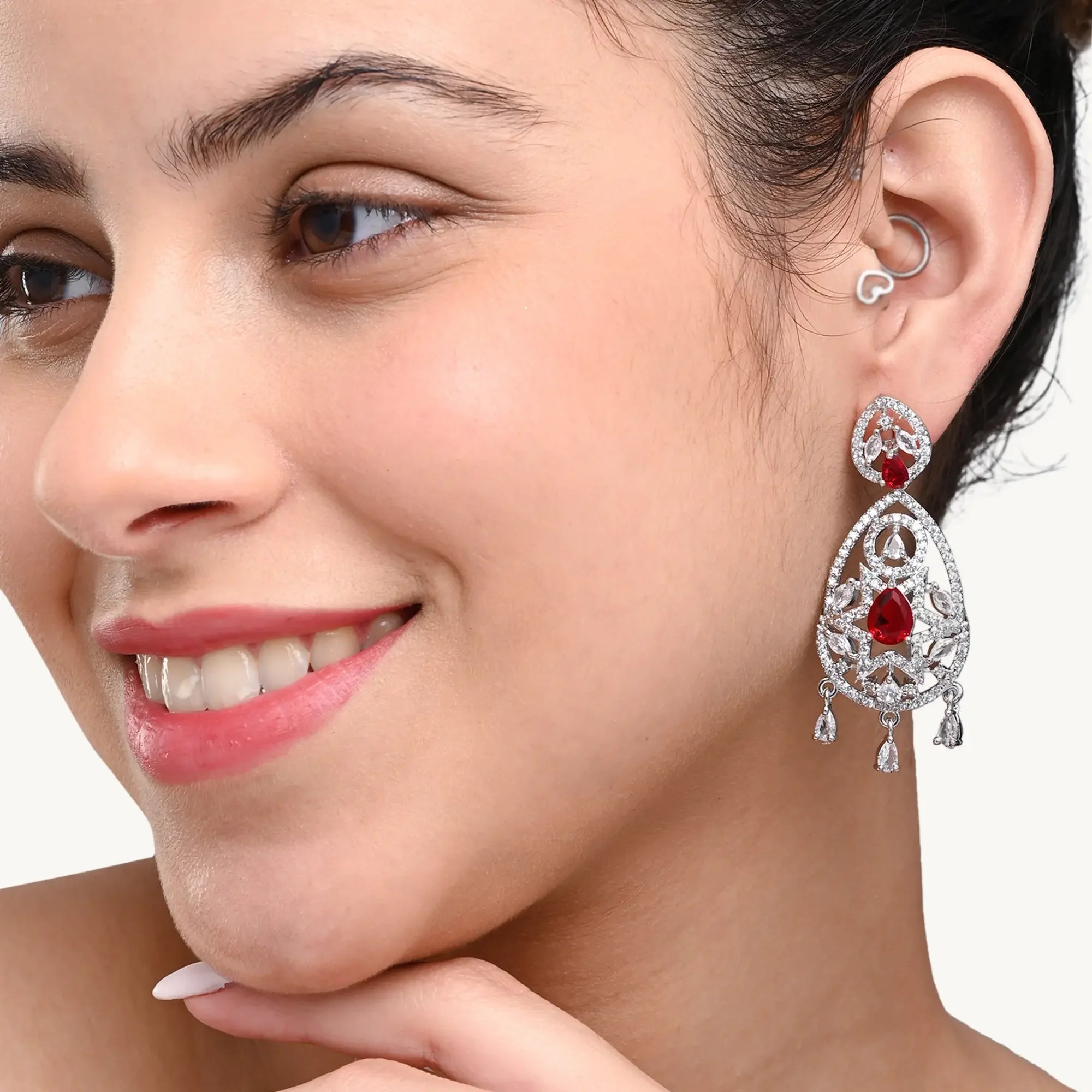 Crystal & Red CZ Drop Earrings – Designer Ethnic Jewellery for Women - DZOIR