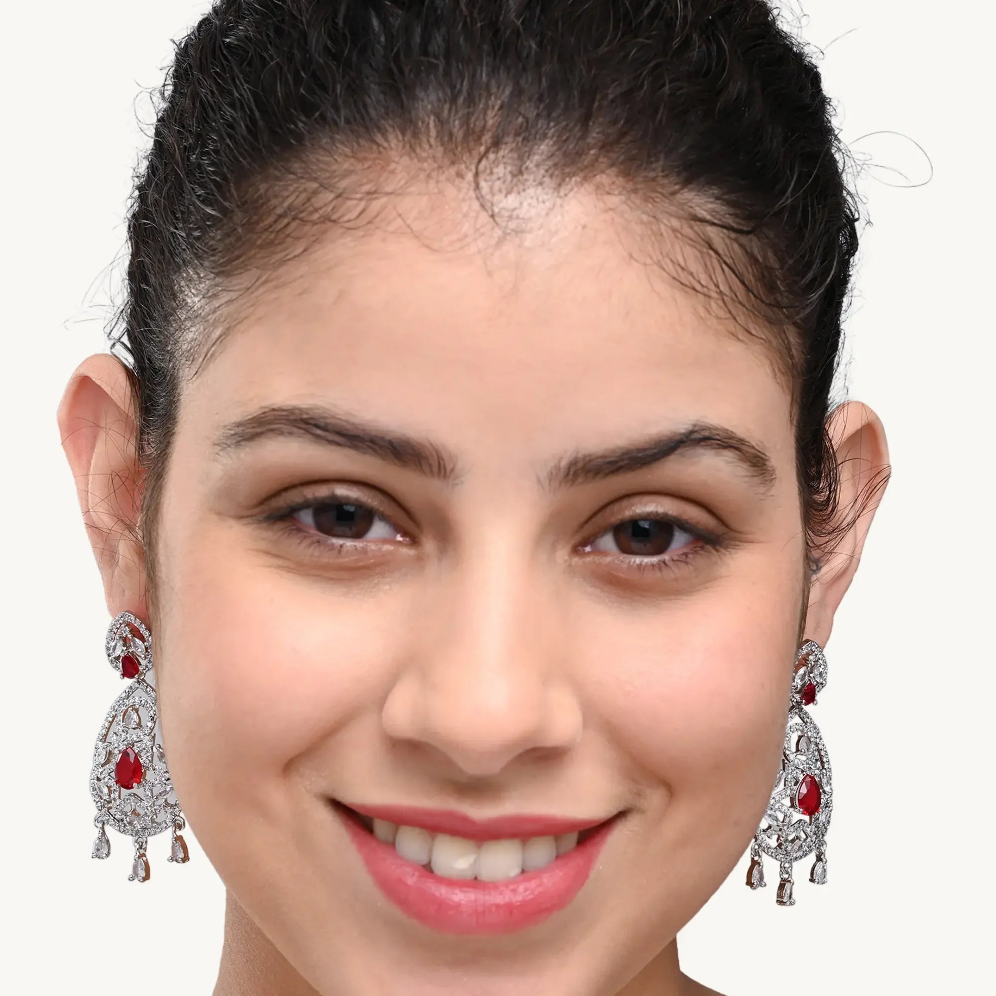 Crystal & Red CZ Drop Earrings – Designer Ethnic Jewellery for Women - DZOIR