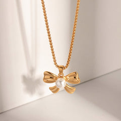 Gold Bow Pendant Necklace with Pearl Center | Elegant Feminine Jewelry for Women