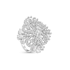 Royal Crystal Studded Floral Ring – Elegant Silver-Tone Finger Ring