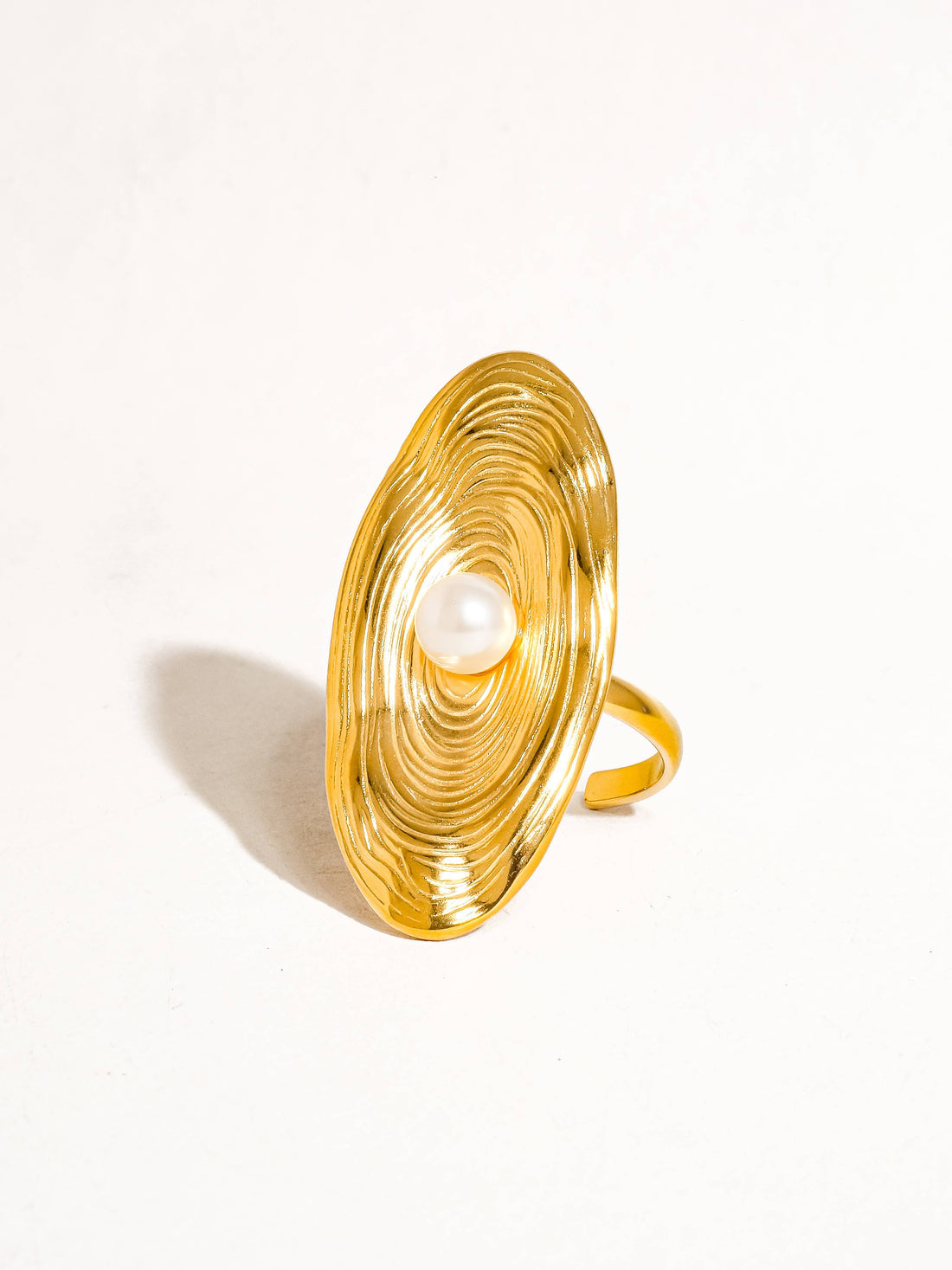 Textured Gold Statement Ring with Pearl – Adjustable, Artistic Design