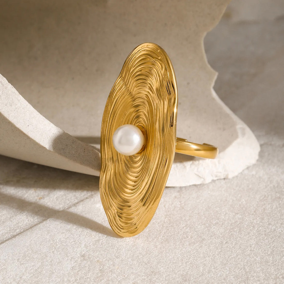 Textured Gold Statement Ring with Pearl – Adjustable, Artistic Design