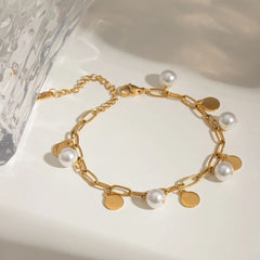 Gold Chain Bracelet with Pearls and Disc Charms – Elegant, Adjustable Jewelry DZOIR