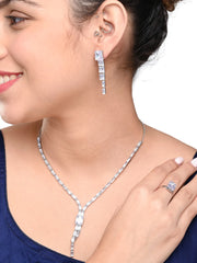 Luxury Silver-Plated CZ Necklace Set with Earrings & Ring | Elegant White Stone Jewelry for Women DZOIR