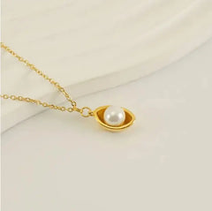 Gold Plated Pearl Planet Pendant Necklace for Women – Minimalist Celestial Jewelry DZOIR