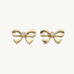 Gold-Plated Bow Stud Earrings for Women – Cute & Elegant Ribbon Knot Design with CZ Stone