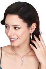 DZOIR Rhinestone Jewellery Set for Women | Necklace and Earrings with Finger Rings | Gold Plated, Rose Gold Jewellery Set | AD Necklace Set (Rose Gold)