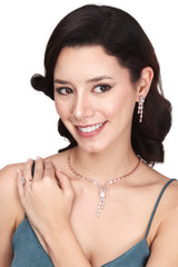 DZOIR Rhinestone Jewellery Set for Women | Necklace and Earrings with Finger Rings | Gold Plated, Rose Gold Jewellery Set | AD Necklace Set (Rose Gold)