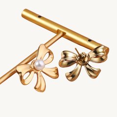 Gold-Plated Bow Stud Earrings for Women – Cute & Elegant Ribbon Knot Design with CZ Stone