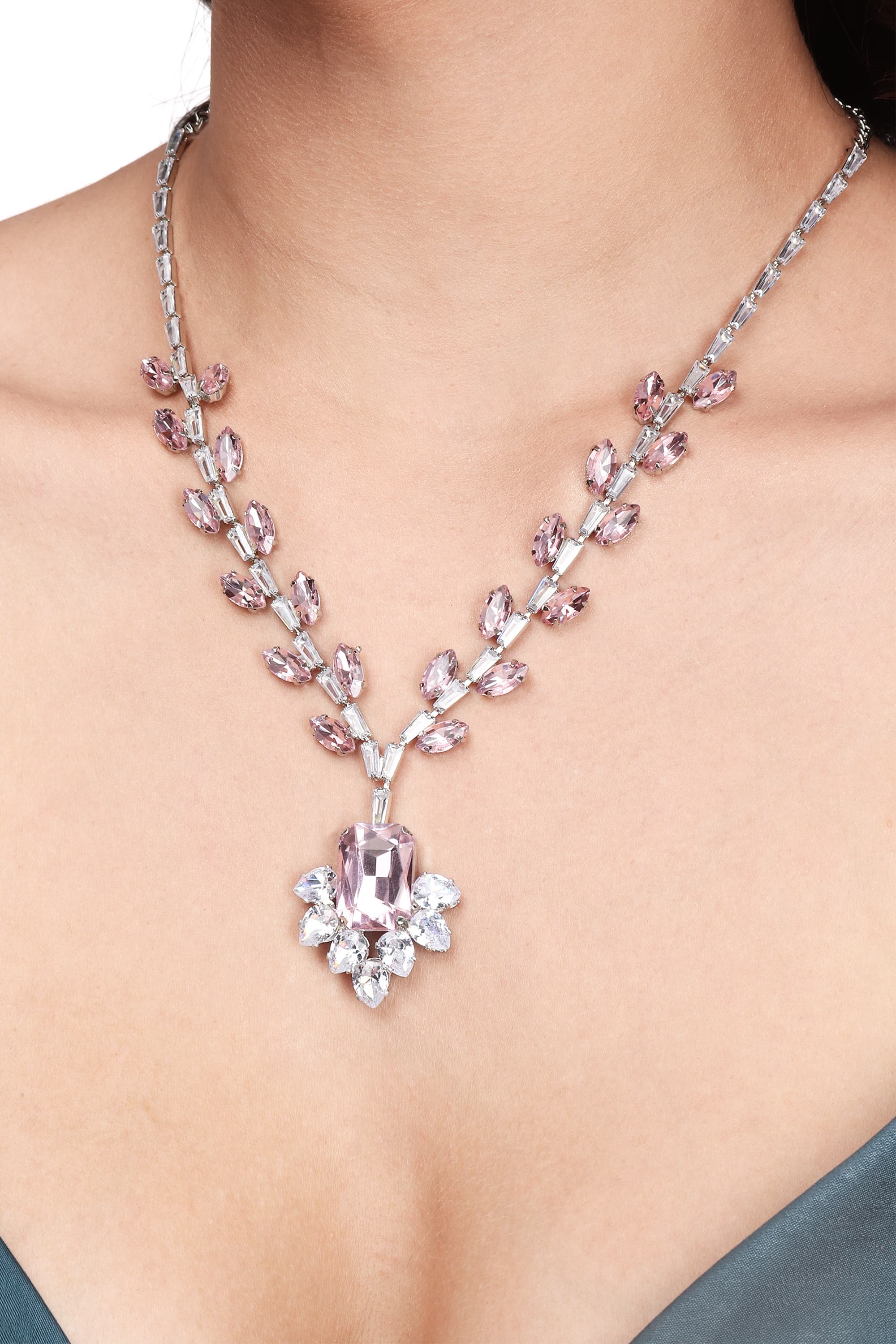 Crystal Rhinestone Necklace and Earring Set for Women | Pink Rhinestone Necklace | Birthday Gift Jewellery Set for Women | AD Necklace for Girls | Alloy Jewellery Set (WHITE)