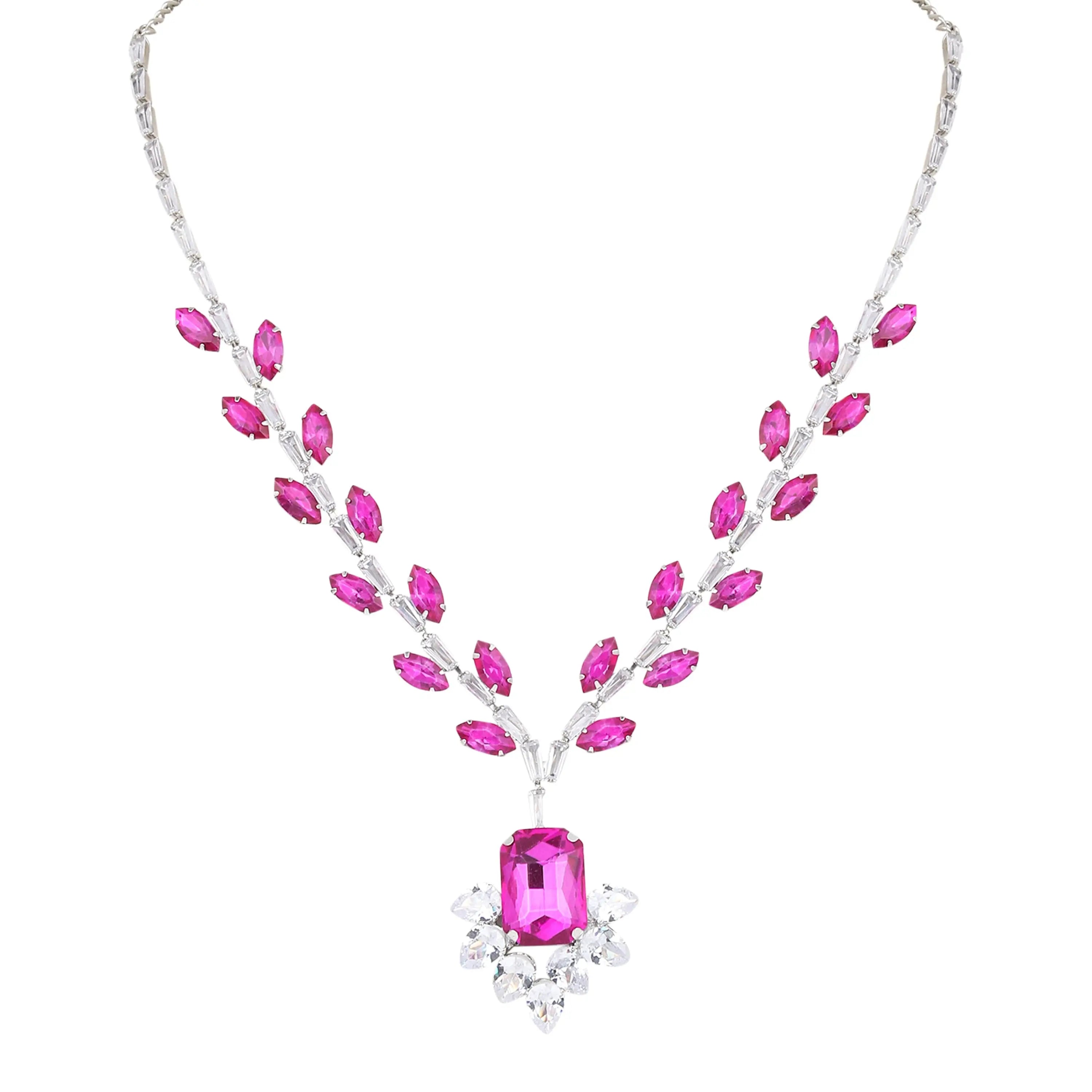 Crystal Rhinestone Necklace and Earring Set for Women | Pink AD Stone Necklace | Birthday Gift Necklace for Women | Elegant Pink Necklace and Earrings Set (PINK) - DZOIR