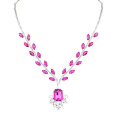 Crystal Rhinestone Necklace and Earring Set for Women | Pink AD Stone Necklace | Birthday Gift Necklace for Women | Elegant Pink Necklace and Earrings Set (PINK) - DZOIR