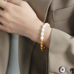 Elegant Half Pearl & Gold Beaded Bracelet – Stretchable Fashion Jewelry for Women