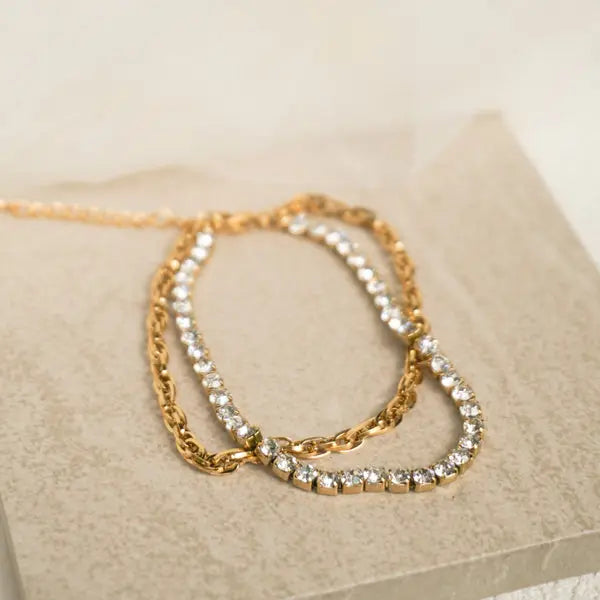 Elegant Gold-Plated Dual-Layer Anklet – Sparkling Crystal & Rope Chain for Women - DZOIR