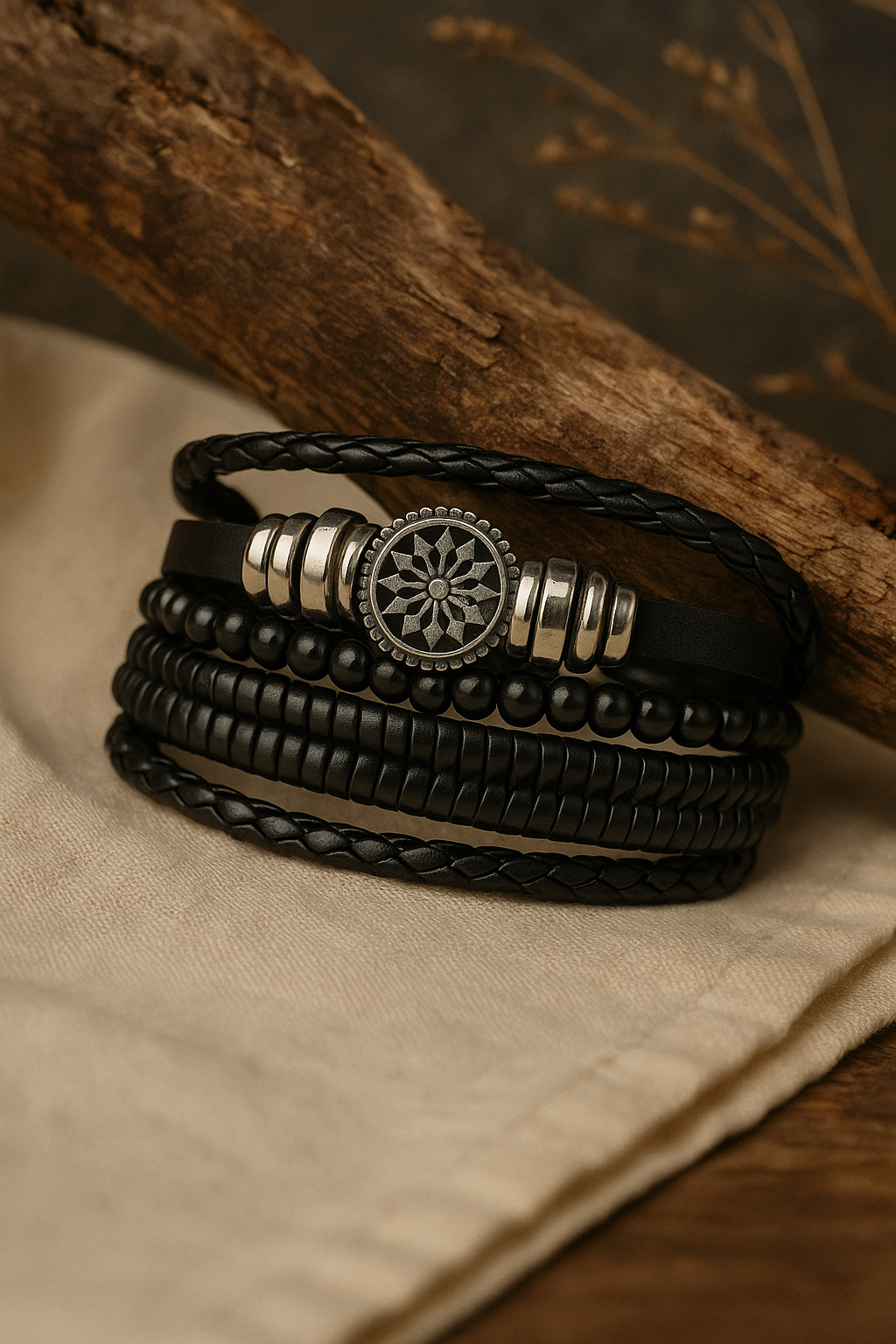 Bohemian Multi-Layer Black Leather Bracelet – Vintage Beaded Wrap Cuff